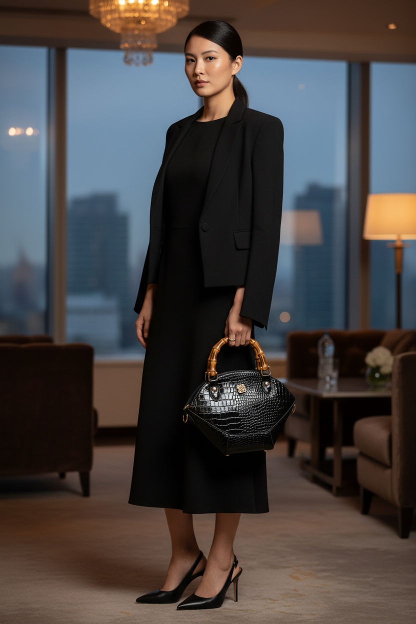 Black Croc Patent Bamboo Handle Bag Asian Model Editorial