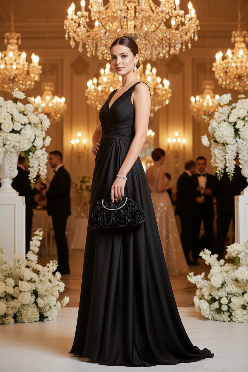 Black Satin Rosette Clutch Model Shot