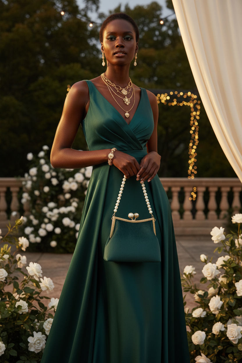 Emerald Green Velvet Pearl Strand Clutch Black Model Editorial