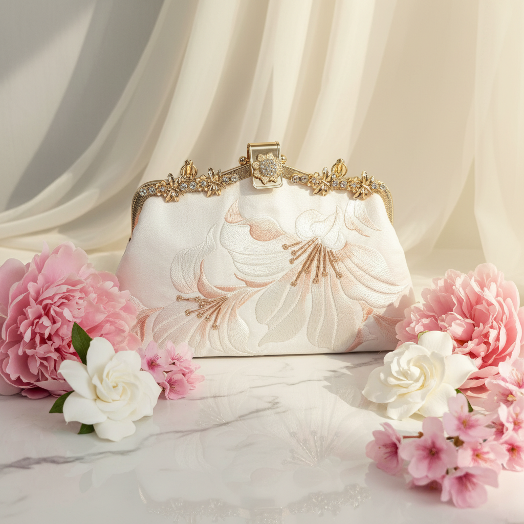 Ivory embroidered lily clutch with ornate gold filigree frame surrounded by blush peonies