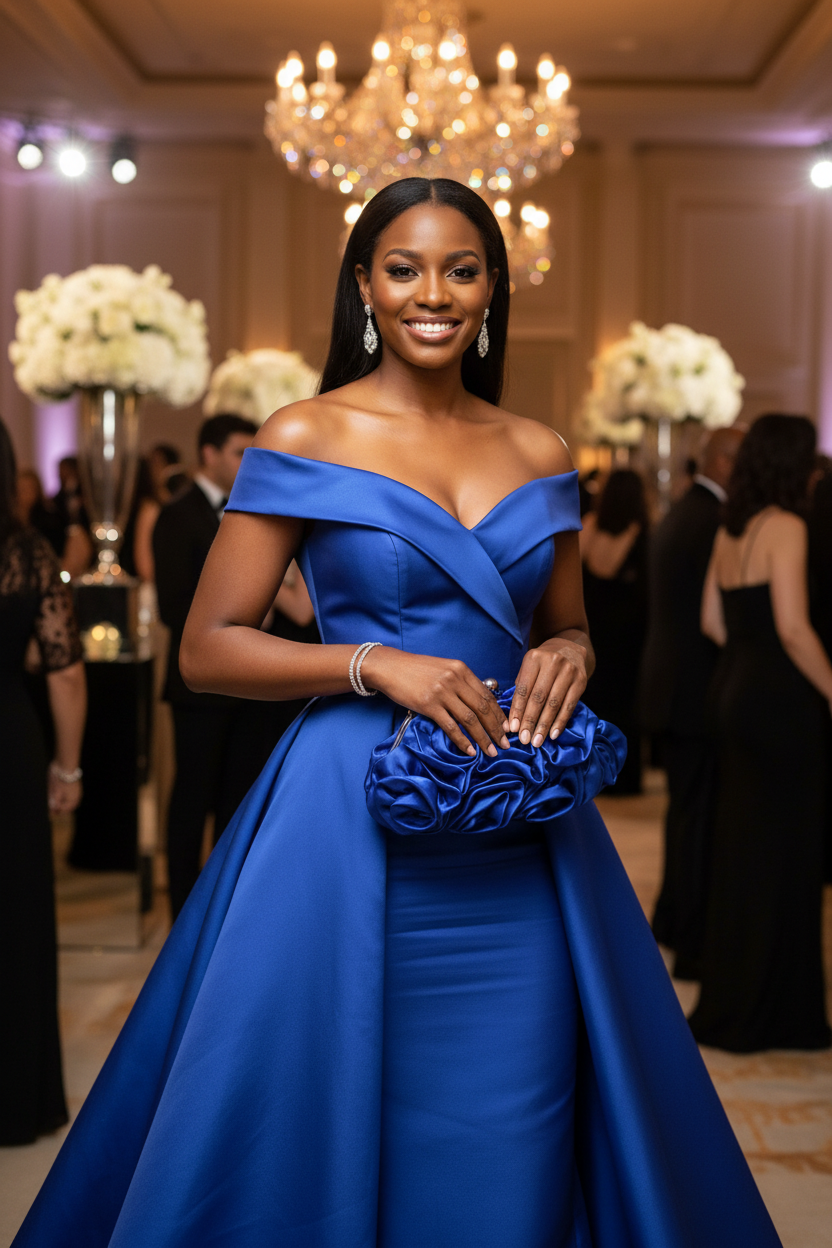 Royal Blue Satin Rosette Clutch Gala Black Model