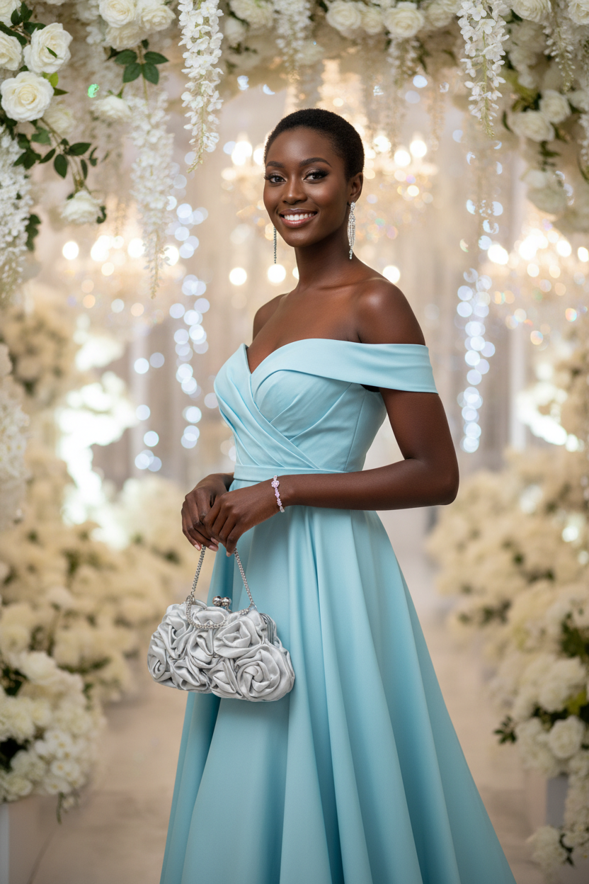 Silver Satin Rosette Clutch Black Model Bridal Gala Editorial