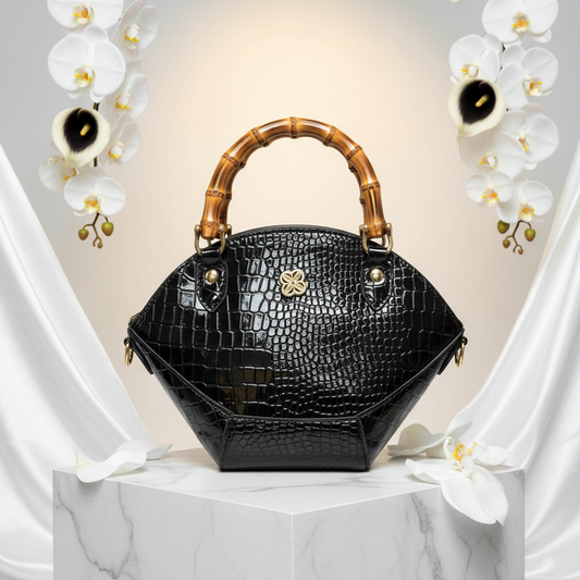 Black Croc Patent Bamboo Handle Bag Bright Background
