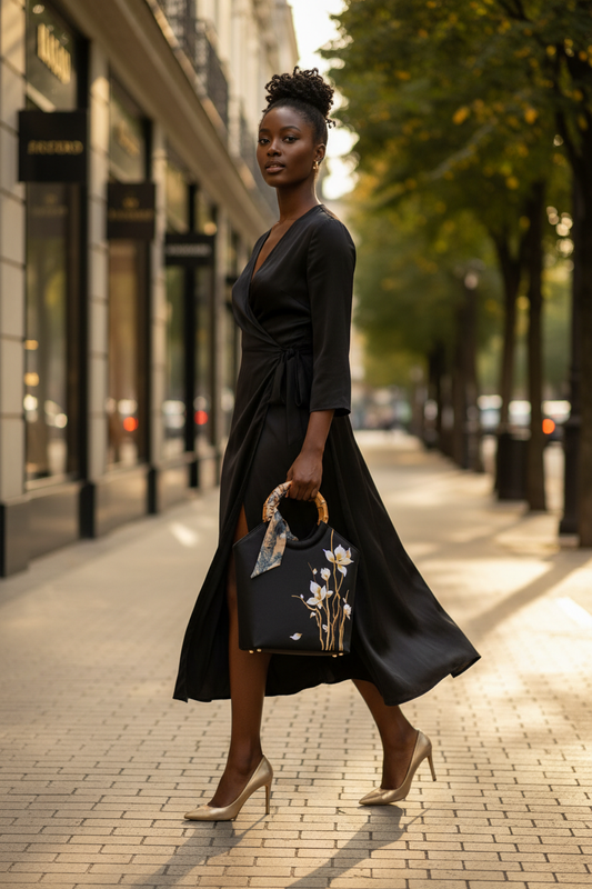 Black Embroidered Iris Bamboo Tote Black Model Walking Street Style
