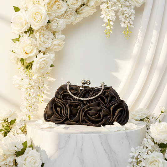 Black Satin Rosette Silver Clutch Bright Background