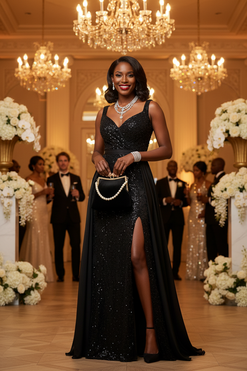 Black Velvet Pearl Strand Clutch Gala Model