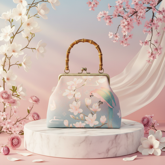 Blush Magnolia Parrot Bamboo Handle Bag Bright Background