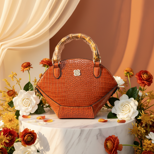 Burnt Orange Croc Patent Bag Bright Background