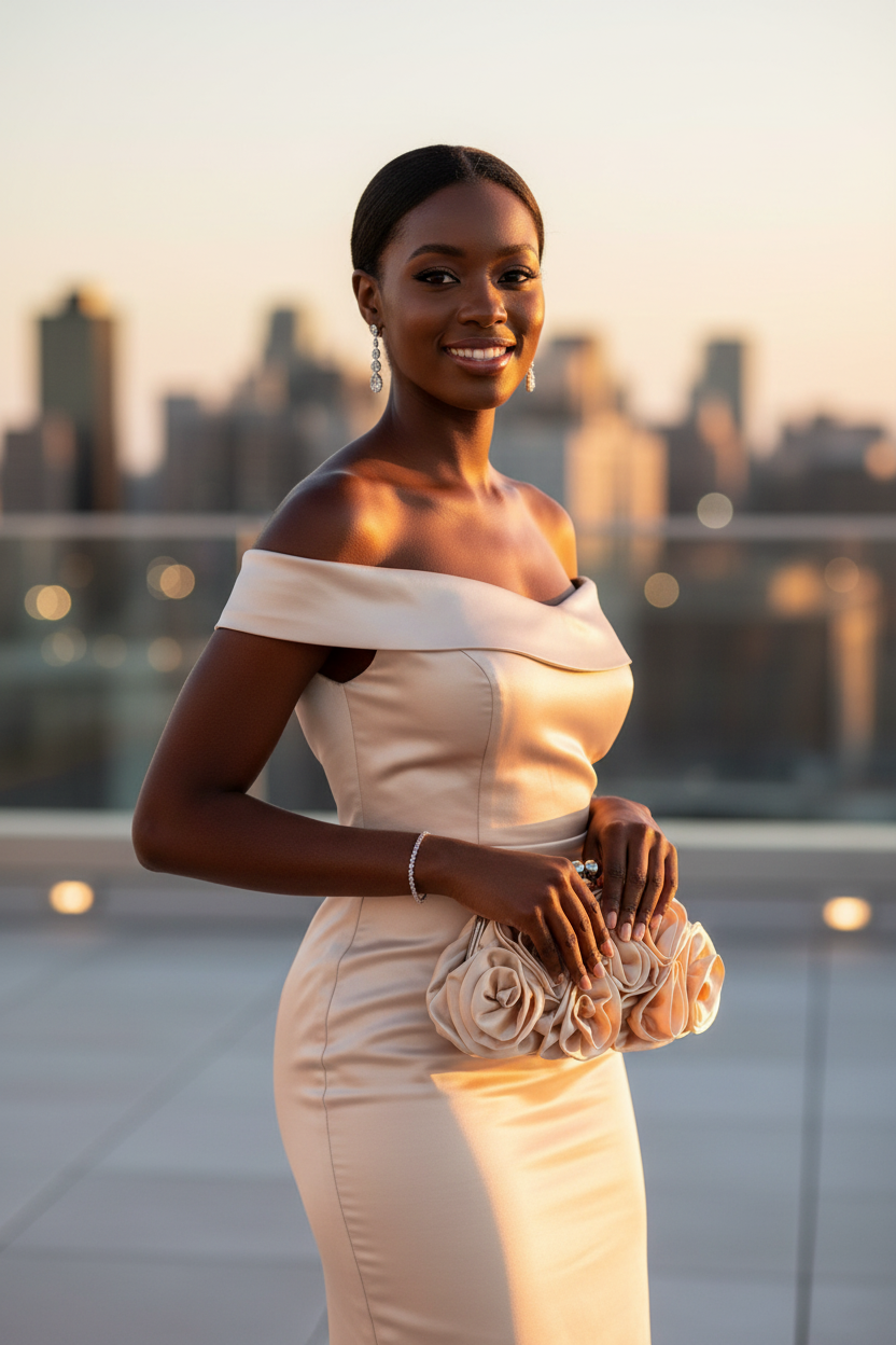 Champagne Satin Rosette Clutch Black Model Evening Editorial