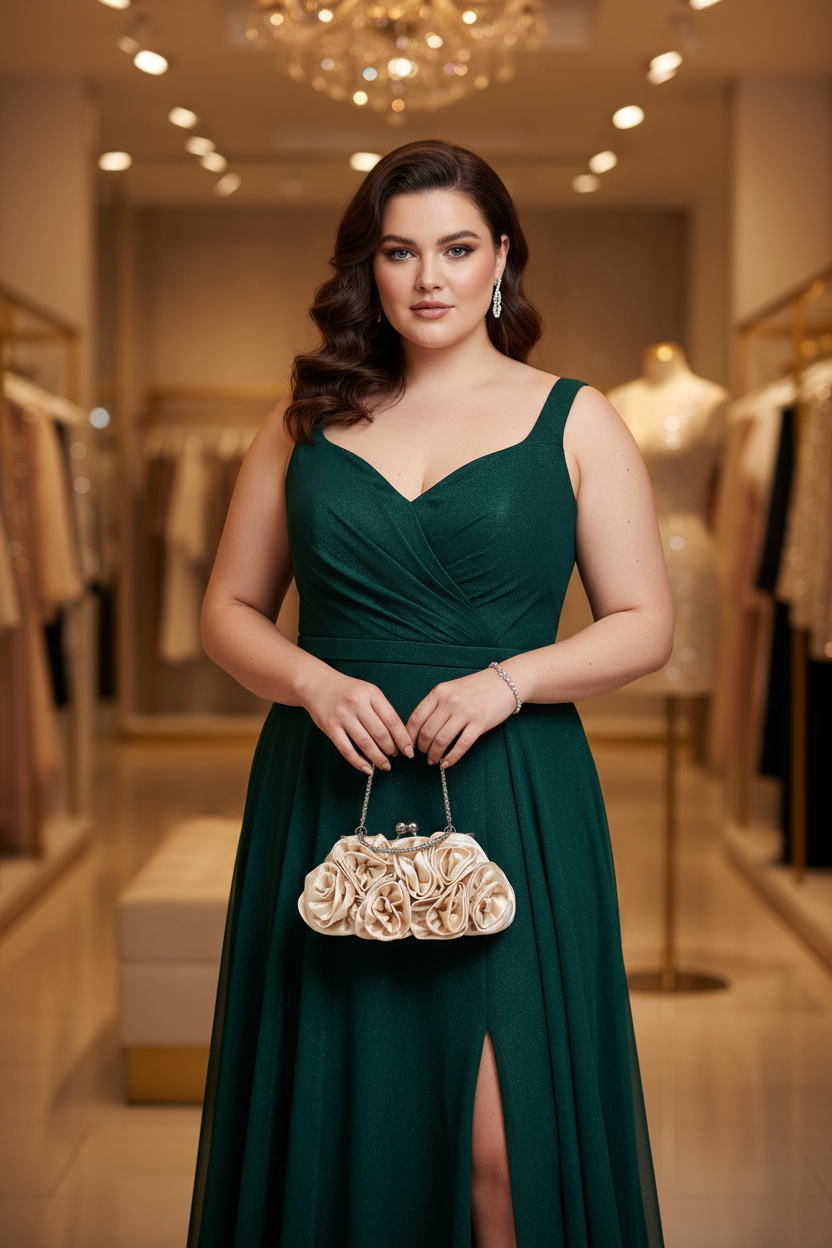 Champagne Satin Rosette Clutch Plus Size Model