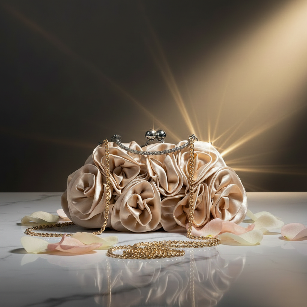 Champagne Satin Rosette Clutch with Crossbody Chain