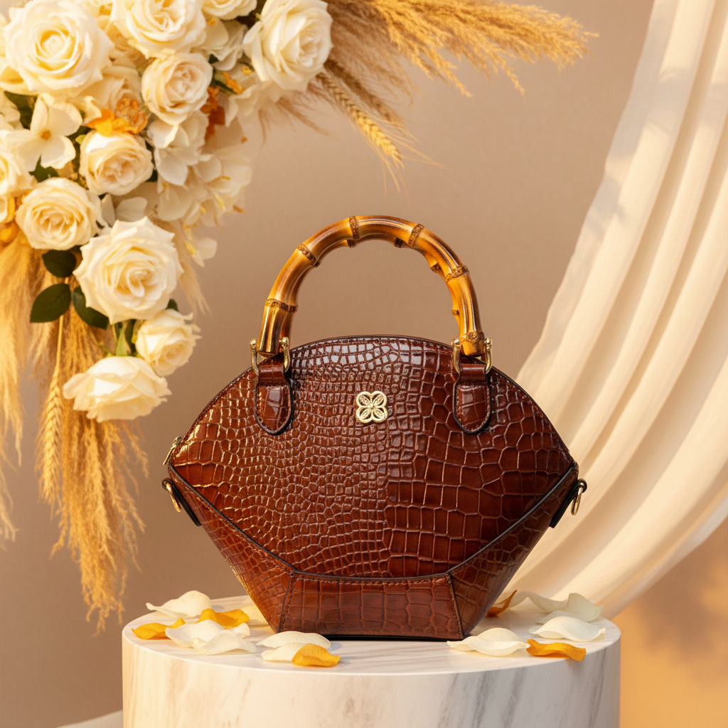 Cognac Brown Croc Patent Bag Bright Background