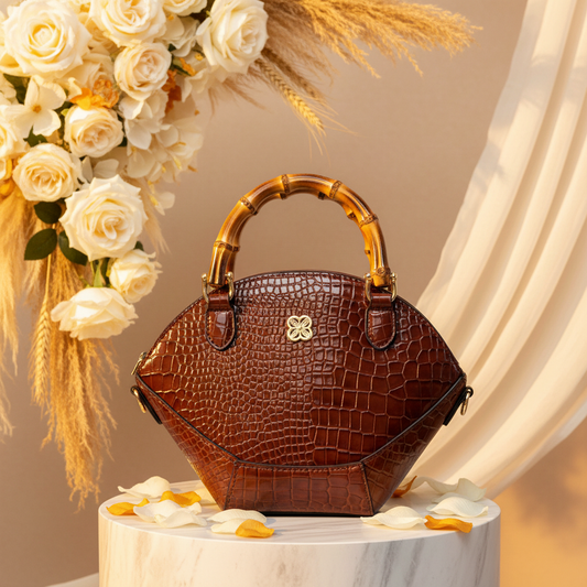 Cognac Brown Croc Patent Bag Bright Background