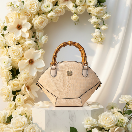 Cream Ivory Croc Bamboo Handle Bag Bright Background