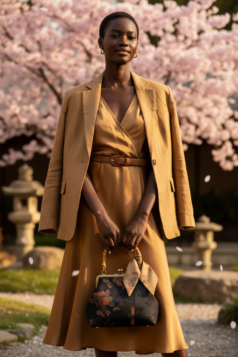 Dark Floral Bamboo Bag Black Model Cherry Blossom Editorial
