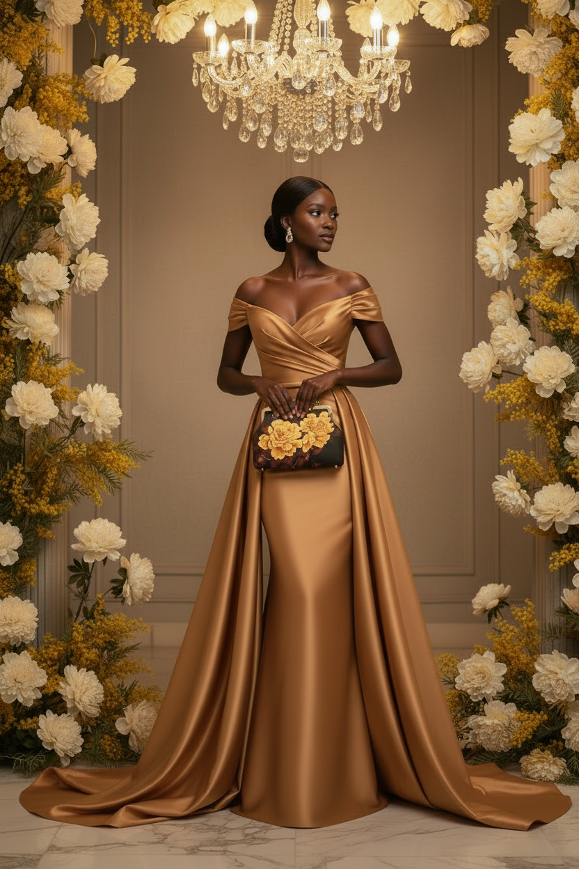 Dark Floral Peony Clutch - Light Brown Dress