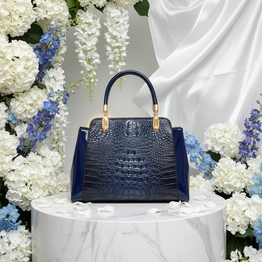 Deep Navy Croc Patent Tote Bright Background