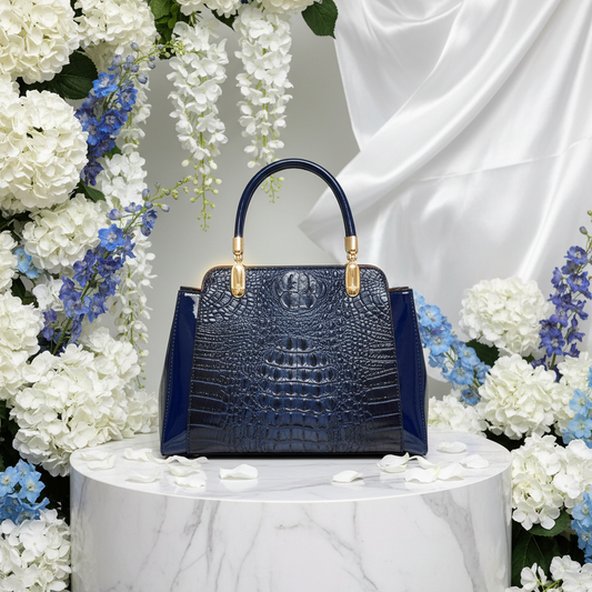 Deep Navy Croc Patent Tote Bright Background