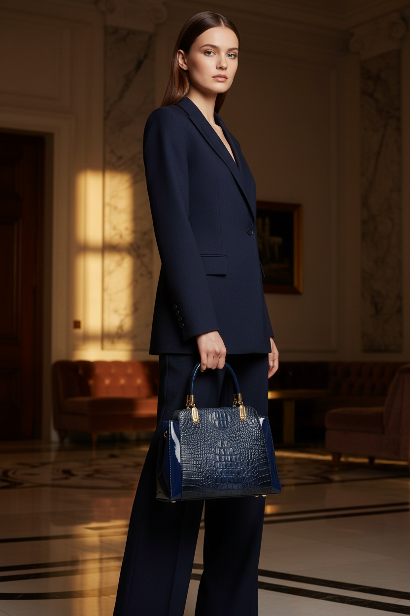 Deep Navy Croc Patent Tote Luxury Editorial Model