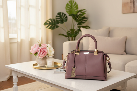 Dusty Mauve Lilac Pebbled Leather Satchel Coffee Table Lifestyle