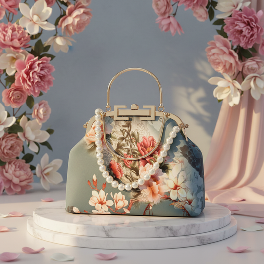 Dusty Teal Chinese Peony Pearl Handle Bag Bright Background