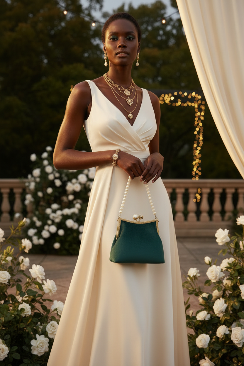Emerald Green Clutch - Cream Dress with Green Earrings