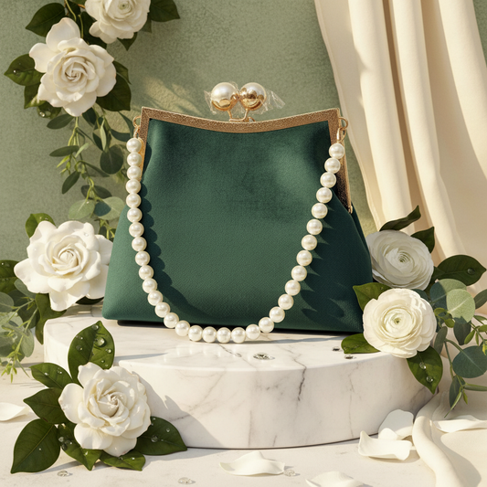 Emerald Green Velvet Pearl Handle Clutch Bright Background