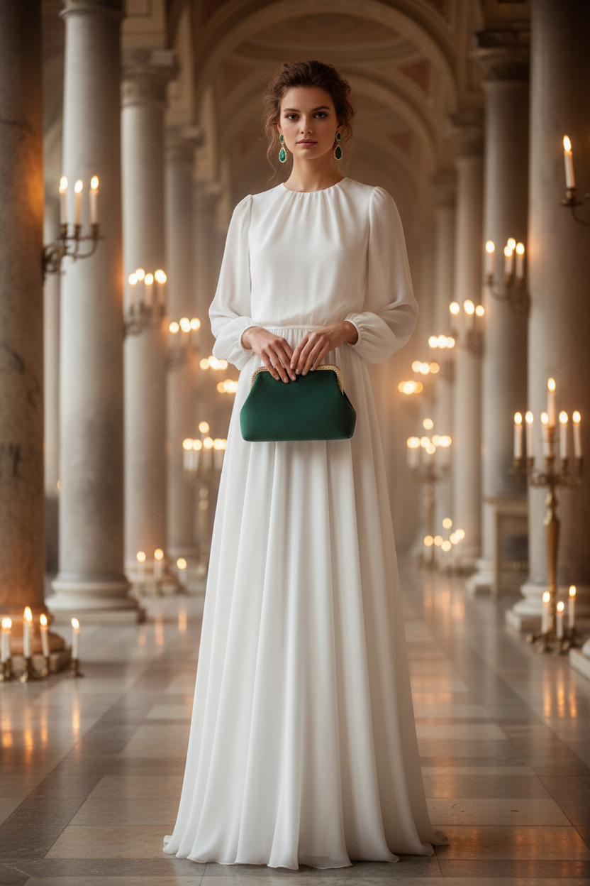 Forest Green Clutch White Dress Model