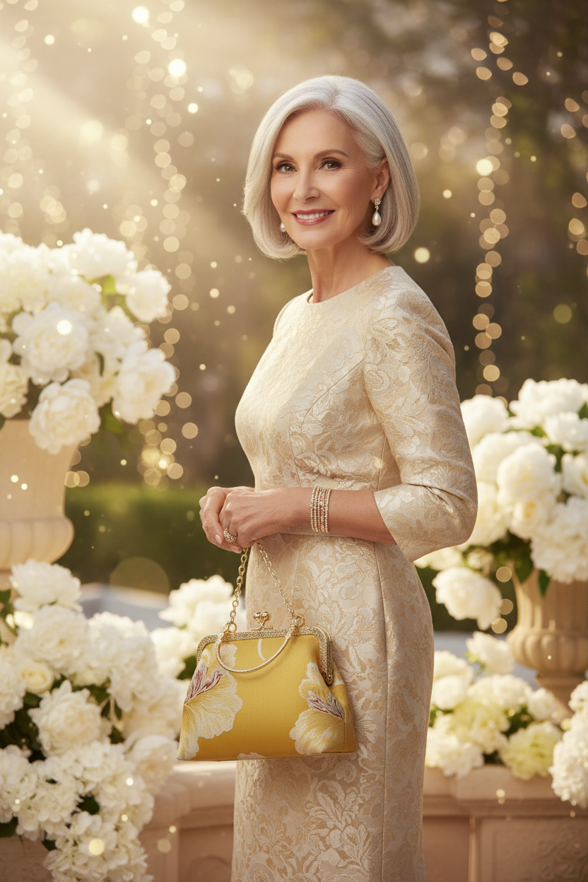 Gold Brocade Peony Clutch Timeless Elegant Silver Lady Editorial