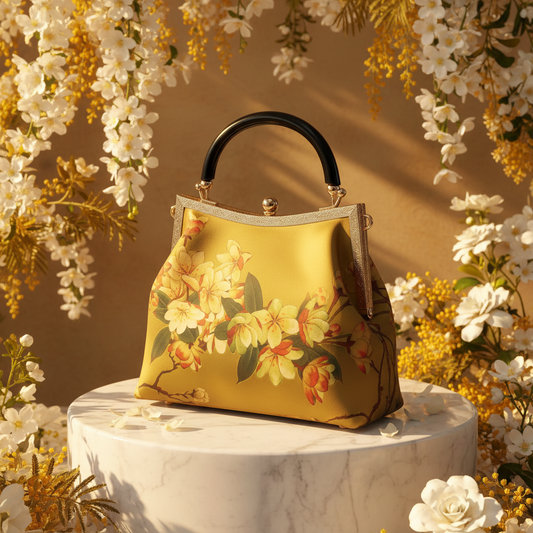 Golden Amber Silk Apple Blossom Handbag Bright Background
