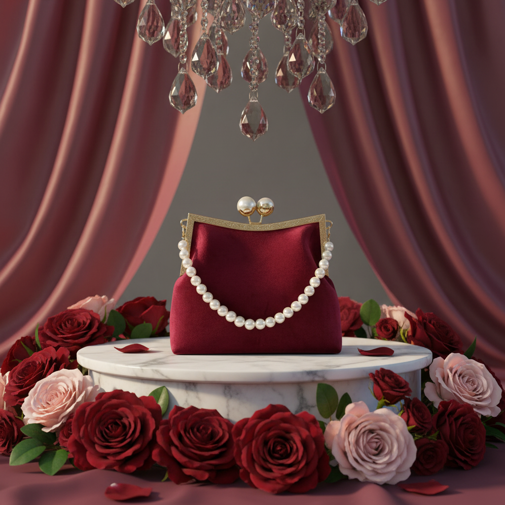 Burgundy Velvet Kiss-Lock Clutch with pearl handle on marble pedestal with roses
