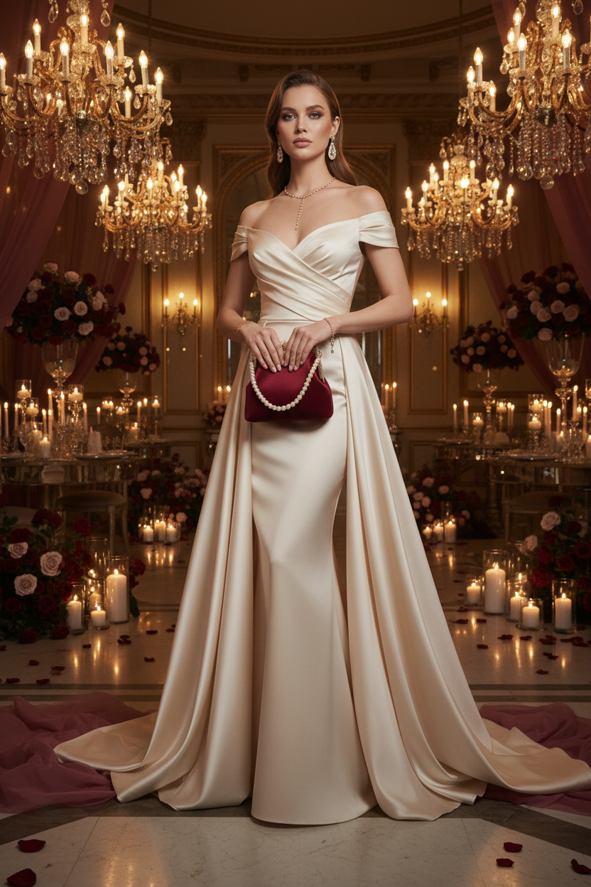 Model in champagne dress holding Burgundy Velvet Pearl Handle Kiss-Lock Clutch