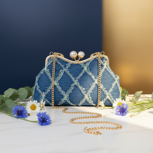 Navy Quilted Diamond Denim Clutch with Gold Chain Strap in Front