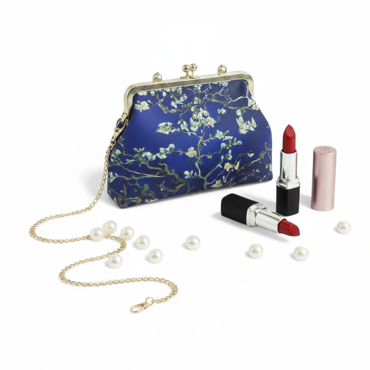 Navy Blue Almond Blossom Crossbody Clutch with Detachable Gold Chain Strap