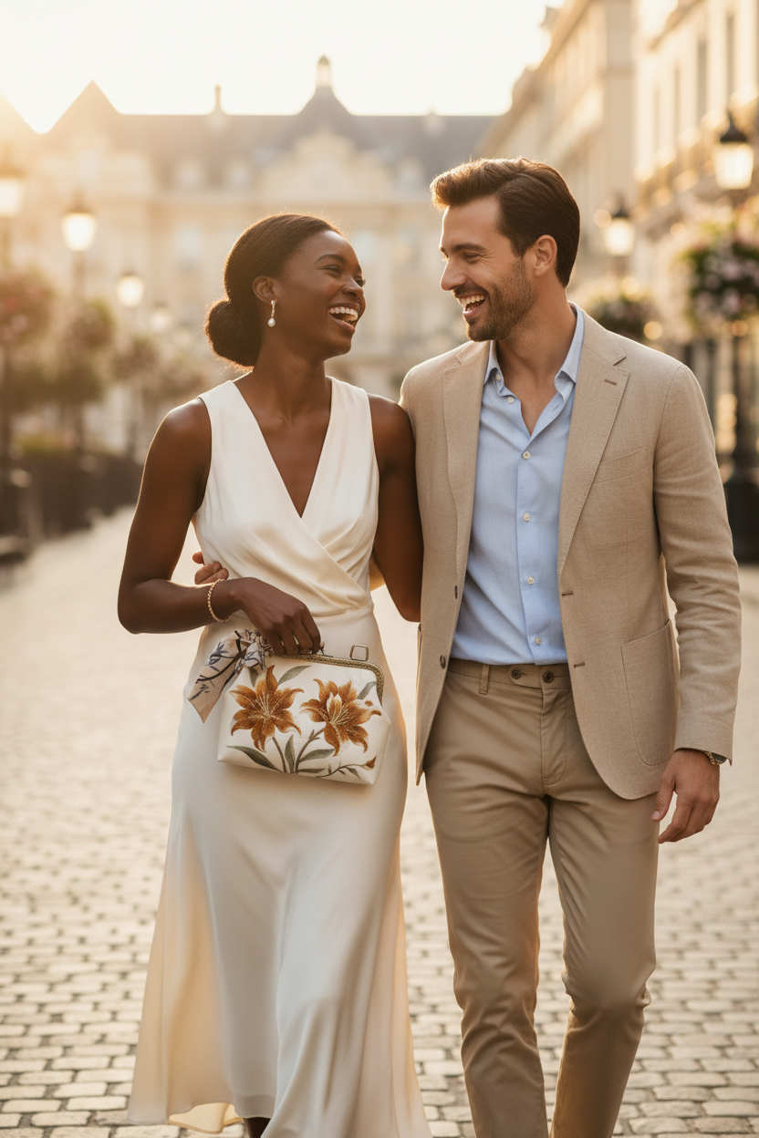 Ivory Amber Lily Clutch Black Model Romantic Couple Walk Editorial