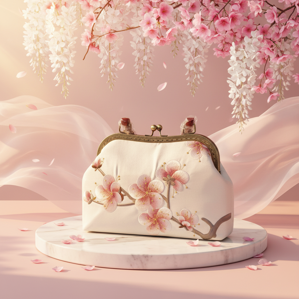 Ivory Cherry Blossom Embroidered Clutch Bright Background