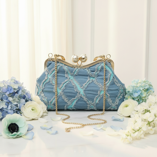 Light Blue Quilted Denim with Gold Chain