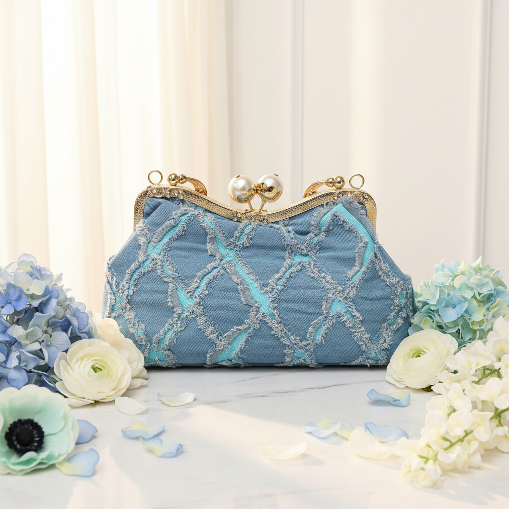 Light Blue Quilted Diamond Denim Pearl Clutch Bright Background