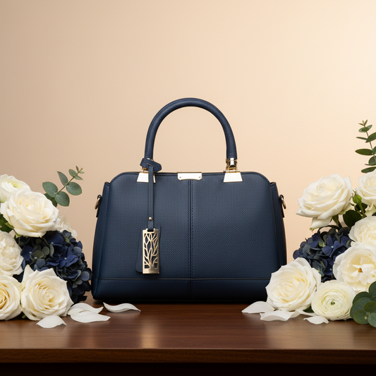 Navy Blue Pebbled Leather Satchel Elegant Table Setting
