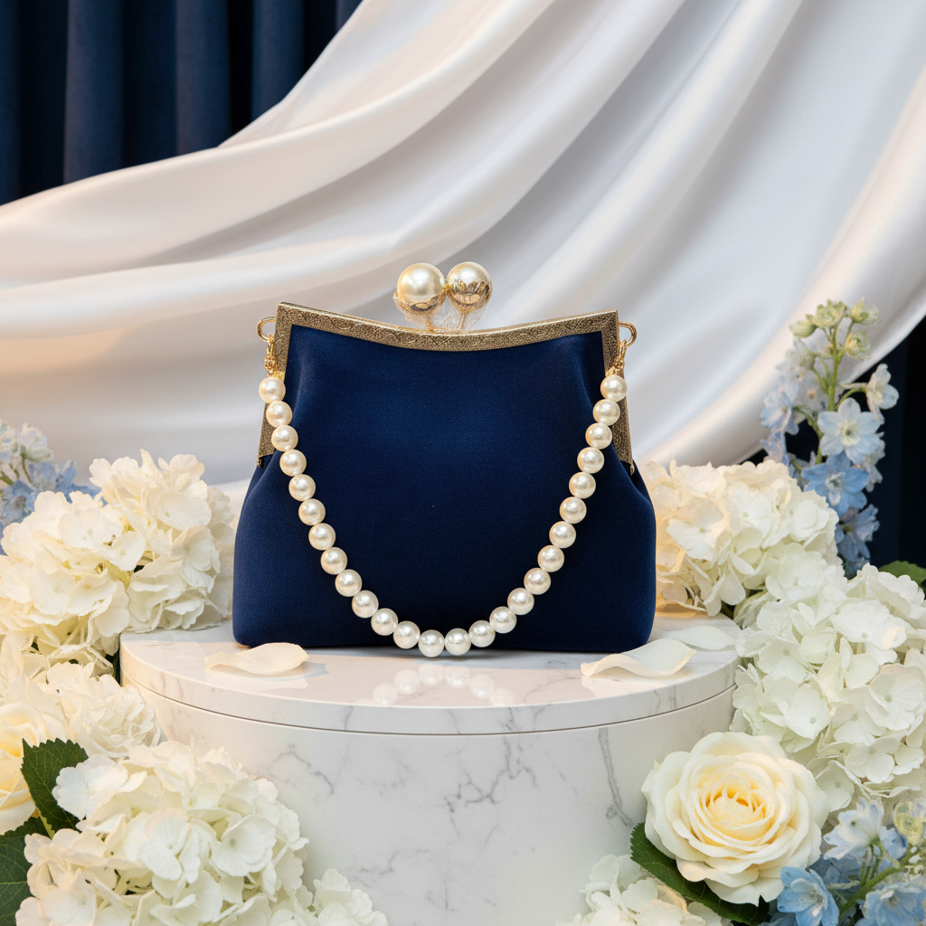 Navy Velvet Pearl Strand Clutch Bright Background