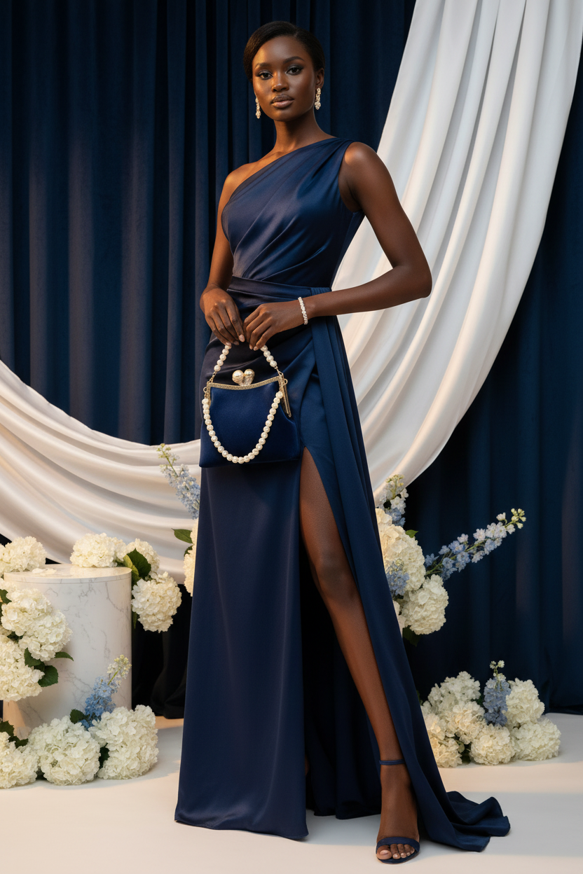 Navy Velvet Pearl Strand Clutch Editorial Model