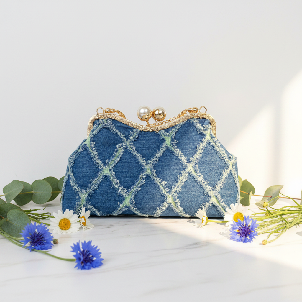 Quilted Denim Diamond Clutch Bright Background