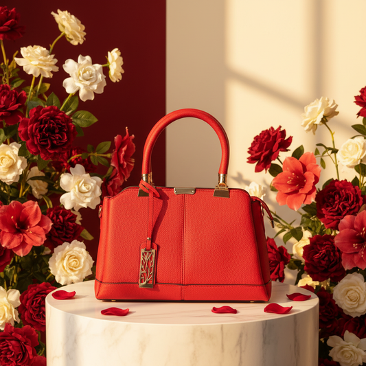 Red Pebbled Leather Satchel Bright Elegant Background