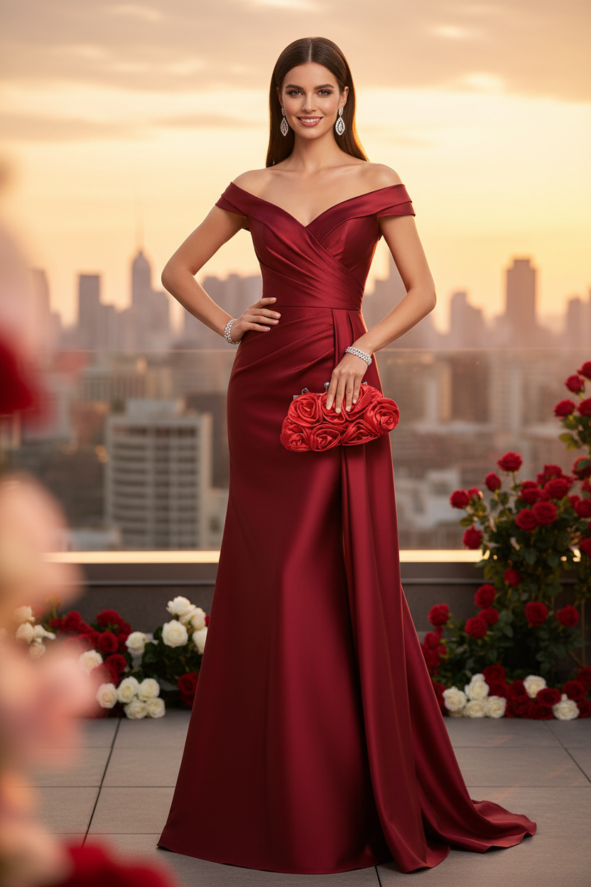 Red Satin Rosette Clutch Romantic Evening Model Editorial