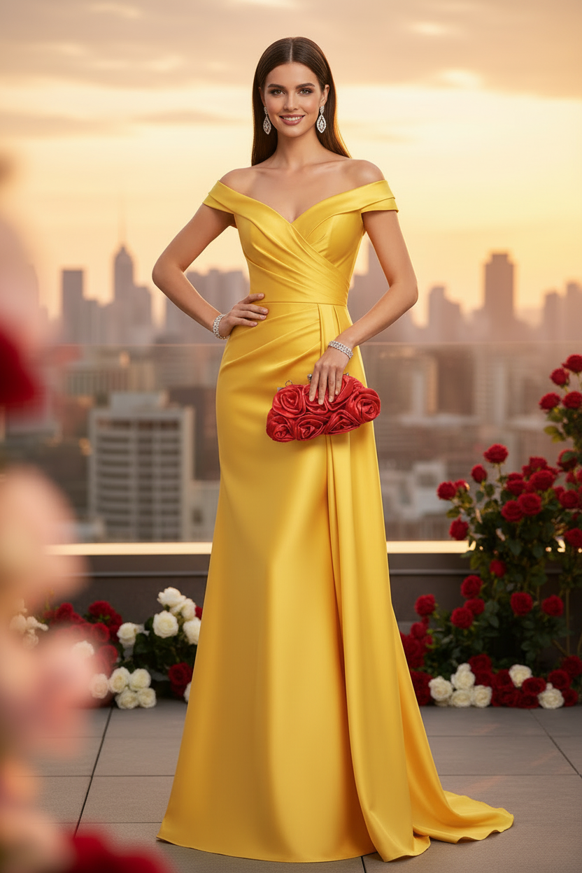 Red Satin Rosette Clutch - Yellow Dress Model