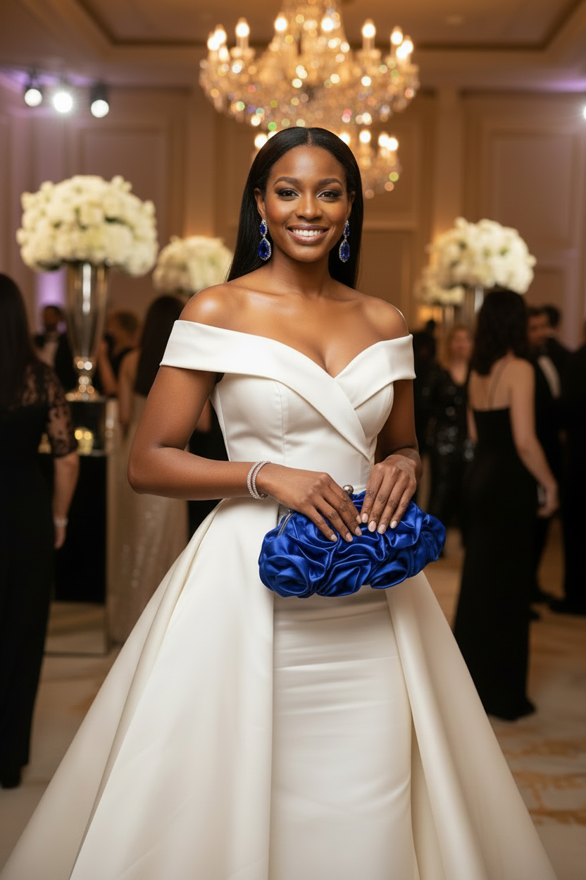 Royal Blue Rosette Clutch - Ivory Dress Blue Earrings