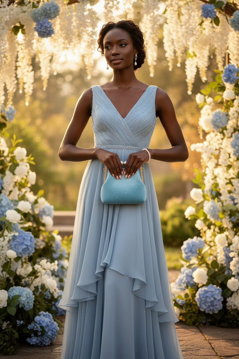 Sky Blue Velvet Pearl Clasp Clutch Black Model Garden Editorial