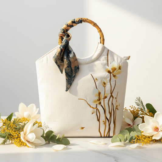 White Canvas Golden Magnolia Bamboo Tote Bright Background