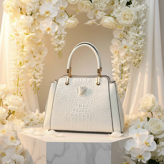 White Croc Structured Tote Bright Background