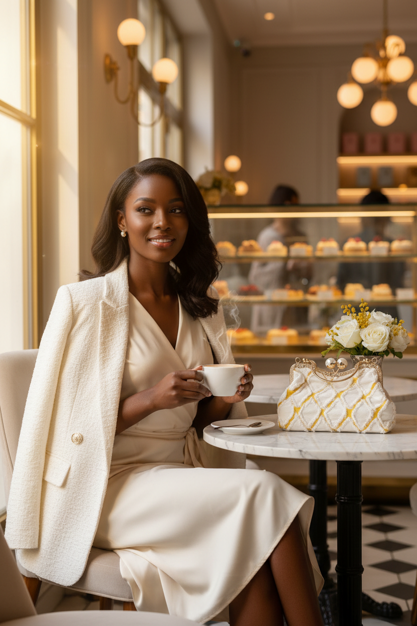 White Gold Quilted Diamond Clutch Coffee Lifestyle Model